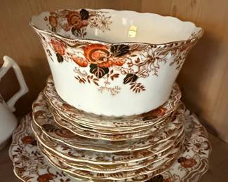 Brown Transferware Oriental Pattern Serving Bowl and Plates