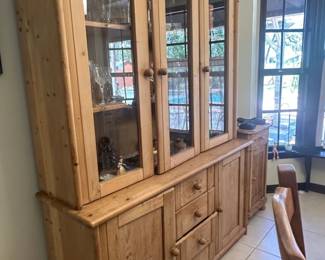Vintage Pine Hutch with Glass Doors and Drawers