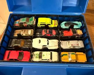 Collection of DieCast Toy Cars in Blue Carrying Case