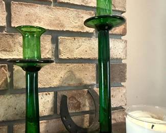 Set of Two Mosser Glass Hunter Emerald Green Candlesticks