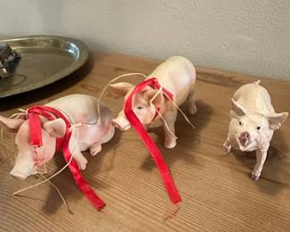 Vintage Ceramic Pig Figurines with Red Ribbon