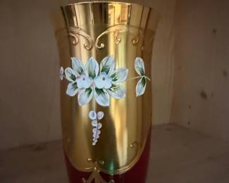 Bohemian Art Glass Vase with Gilt and Floral Decoration