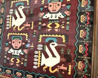 Framed Textile Art  Chimu Style Figures and Birds
