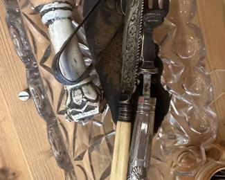 Antique Carving Set with Etched Blades and Ivory Handles on Glass Platter