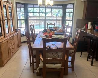 Solid Oak Farmhouse Dining Table and Six Ladder Back Chairs