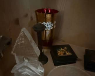 Glass House Figurine and Gilt Vase