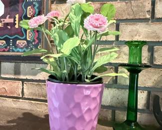 Pink Geometric Ceramic Planter with Artificial Flowers