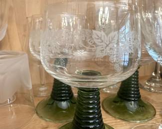 Vintage Roemer Style Etched Glass Goblets with Green Ribbed Pedestal Base