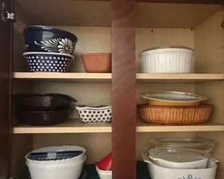 Assorted Ceramic Bakeware and Mugs including Pyrex, CorningWare, and Boleslawiecstyle pottery