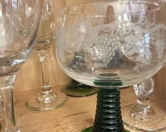 Vintage Roemer Style Etched Glass Goblets with Green Ribbed Pedestal Base second image