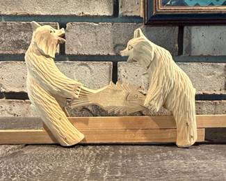 Carved Wooden Bears Fighting Over a Fish