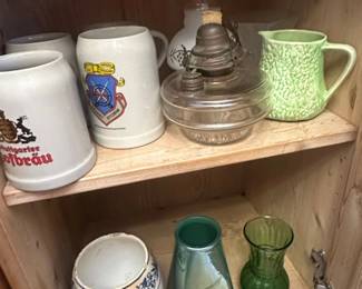 Assorted Ceramic Beer Steins, Glass Oil Lamp, and Vases