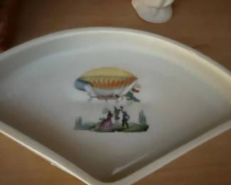 Vintage Porcelain FanShaped Trinket Dish with Hot Air Balloon and Airship Motif second image