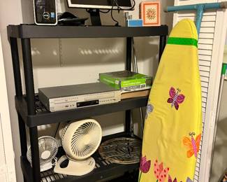 Dell computer, fans, ironing board, vhs/dvd player