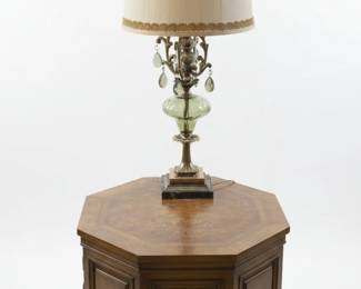 Vintage Stiffel Brass and Green Glass Table Lamp with Octagonal Burl Wood Side Table