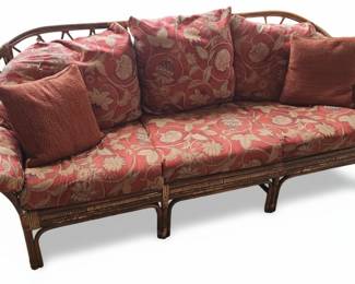 Vintage Ficks Reed Style Rattan Sofa with Floral Upholstery