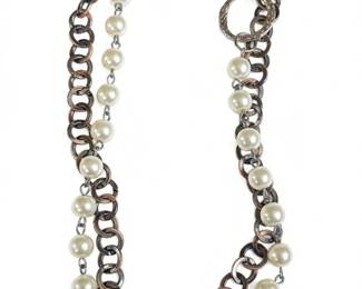 TwoTone Chain Necklace with Faux Pearls and Toggle Clasp