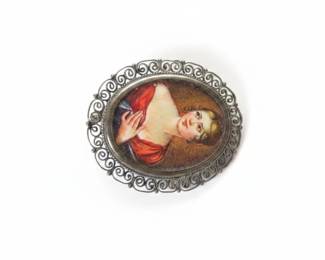 Victorian HandPainted Porcelain Miniature Portrait Brooch