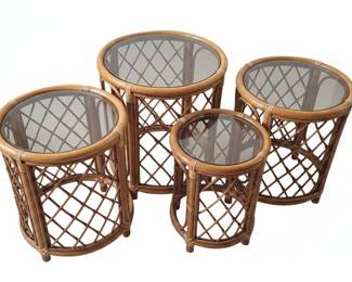 Set of Vintage Rattan and Glass Nesting Tables
