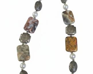 Crazy Lace Agate and Faux Pearl Necklace with Toggle Clasp
