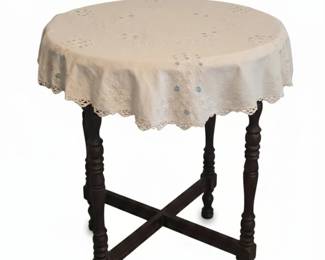 Antique Pedestal Accent Table with HandEmbroidered Tablecloth