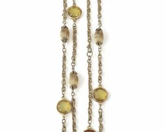 Gold Tone Station Necklace with Citrine and GarnetColored Faceted Stones