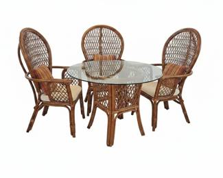Vintage Rattan Dining Set with Glass Top Table and Four Chairs