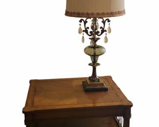 Vintage Hollywood Regency Brass and Crystal Lamp with Green Glass Element