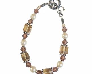 Faux Pearl and AmberColored Glass Bead Bracelet with Toggle Clasp