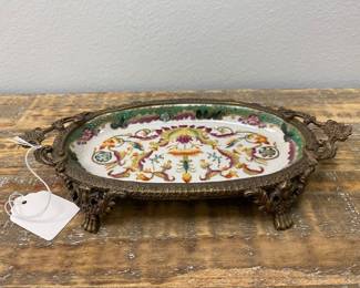 Vintage soap dish with brass ornate base. 