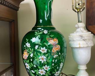 Tall Italian hand painted glass vase.