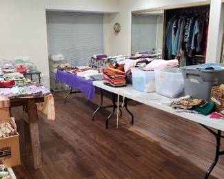 womens clothes, lots fo fabric, thread, sewing patterns