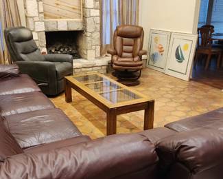 large leather sectional, laz boy, coffee table, tv, tv stand