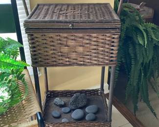 Antique wicker sewing basket stand