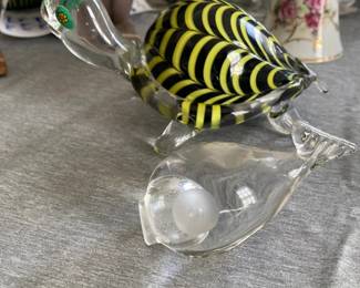 two hand-blown glass animal figurines in the Murano glass style