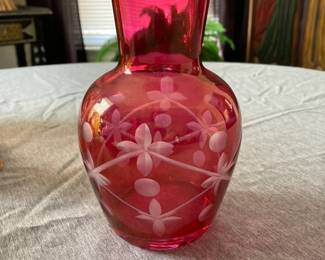 Vintage cranberry cut-to-clear glass vase