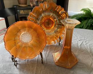Marigold Carnival Glass, a popular style of iridescent pressed glass produced primarily in the United States during the early 20th century (