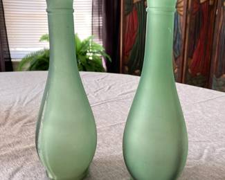 Vintage frosted green satin glass bud vases