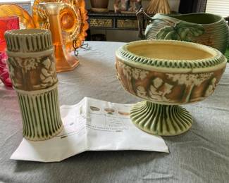 Vintage pieces of Roseville Pottery in the Donatello pattern