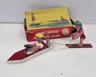 Hand-Carved Boat and Skier Toy with Box