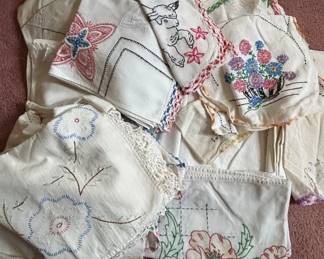 Embroidered Textile Lot With Lace Edging