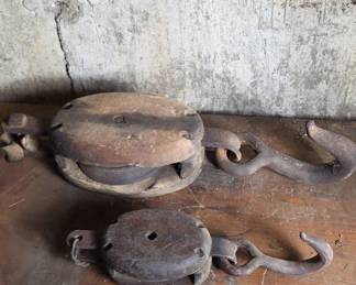 Wood and Iron Pulley Blocks with Hooks