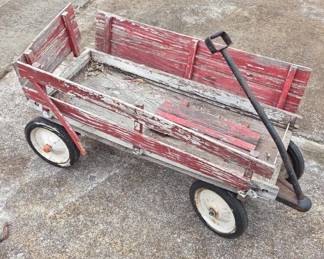 Wood and Metal Pull Wagon with Red Finish