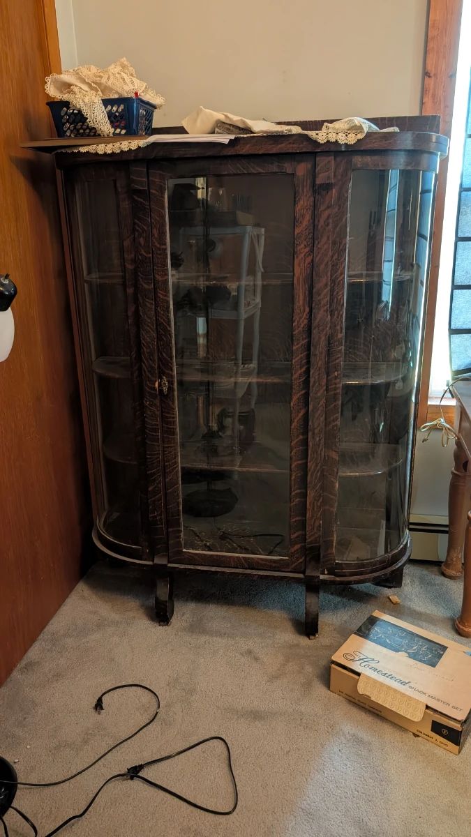 Antique Tiger Oak curved glass Curio