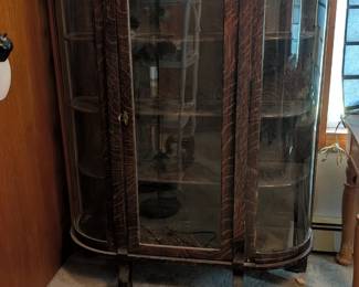 Antique Tiger Oak curved glass Curio
