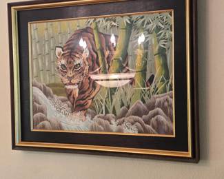 Vintage Embroidered Tiger Wall Art – Framed 31” x 25”