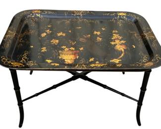 Antique black and gilt decorated tole serving tray on custom bamboo tray base