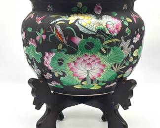Chinese famille noir bowl/jardinaire with stand