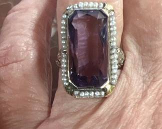 Antique 14kt gold filigree ring with rectangular amethyst and seed pearls