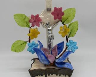 Vintage crucifixion floral glass lamp